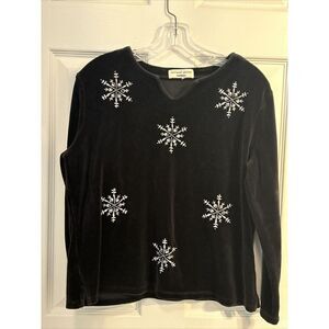 Bechamel‎ Women M  Solid Black Embroidered Snowflake Long Sleeve Velour Pullover